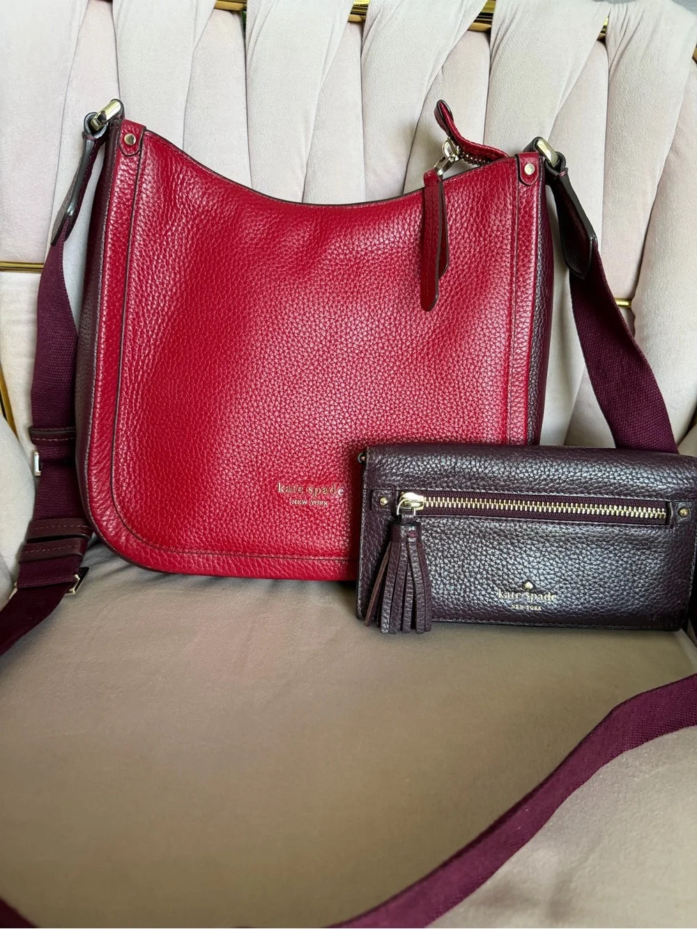 Kate Spade Red Colorblock Leather Crossbody Bag & Burgundy Wallet Set ❤️